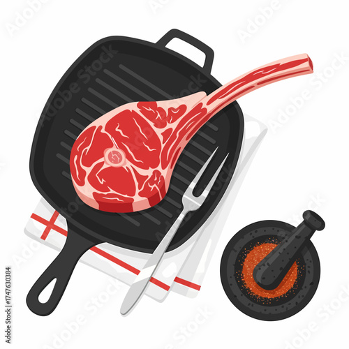 Raw tomahawk steak in a cast iron grill pan with a fork, kitchen towel, and mortar and pestle with spices, ready for cooking.