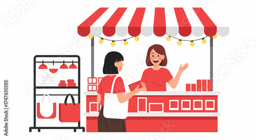 A customer purchasing items from a vendor at a market stall, interacting with the seller.