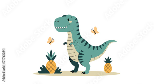 A cute cartoon tyrannosaurus rex stands among pineapples and butterflies.