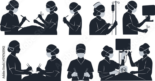 Silhouette collection of surgeons and nurses performing medical operations, surgery procedures, and hospital teamwork for healthcare, emergency, and medical illustration vector design