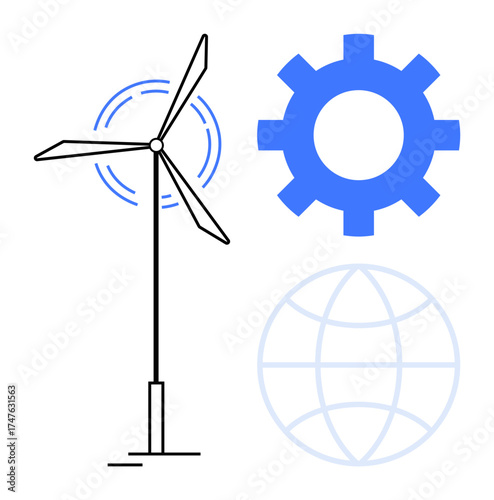 Wind turbine generating power, blue gear symbolizing technology, and globe representing global impact. Ideal for renewable energy, sustainability, technology, innovation, environment, clean energy
