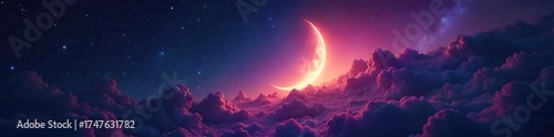 Crescent Moon Illuminates Starry Universe Dreamlike Celestial Landscape, Perfect for Fantasy, Sci-Fi, and Cosmic Projects