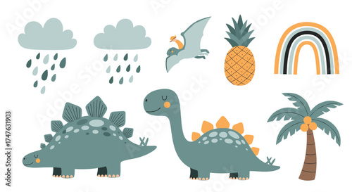 Cute cartoon dinosaurs clouds pineapple palm tree and rainbow illustration.