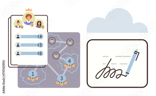 Leaderboard with ranked avatars, gamified progress map with stars, locks, and pen signing digitally in the cloud. Ideal for gamification, ranking systems, competition, e-learning, digital signatures