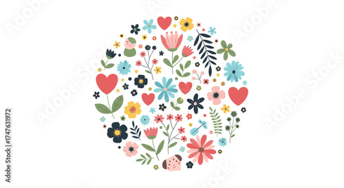 A vibrant and whimsical floral circle art pattern with cute elements and blooming flowers.