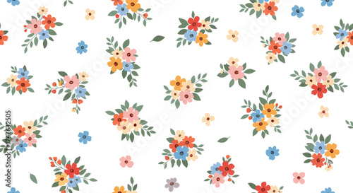A charming pattern of small cheerful wildflowers scattered across a clean white background.