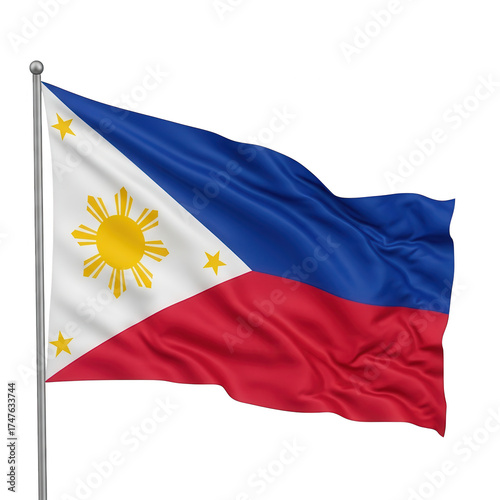 Philippine flag waving on a pole isolated on transparent background