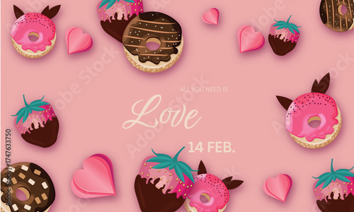 A horizontal banner with strawberries and a chocolate-covered donut. Space for text. A pink, love-inspired background. A Valentine's Day coupon template with hearts.