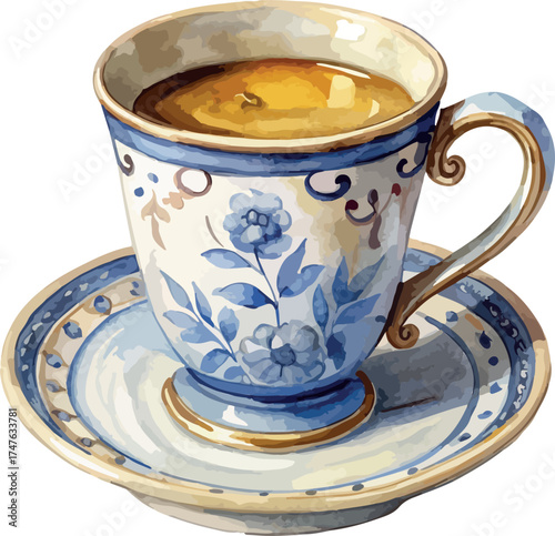 Blue Porcelain Coffee Cup Watercolor Vector Illustration