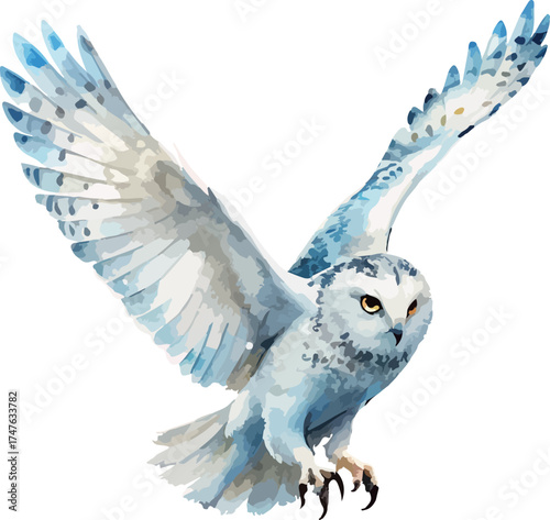 Snowy White Flying Owl Watercolor Vector Illustration