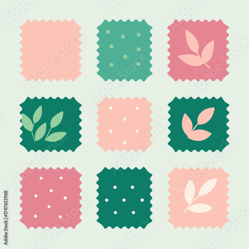 Nine square fabric swatches with scalloped edges samples