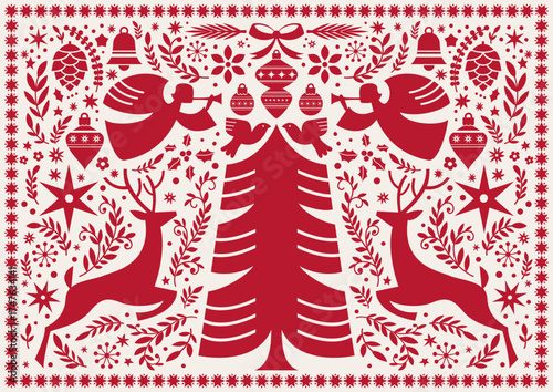 Christmas Tree Angels Folk Illustration