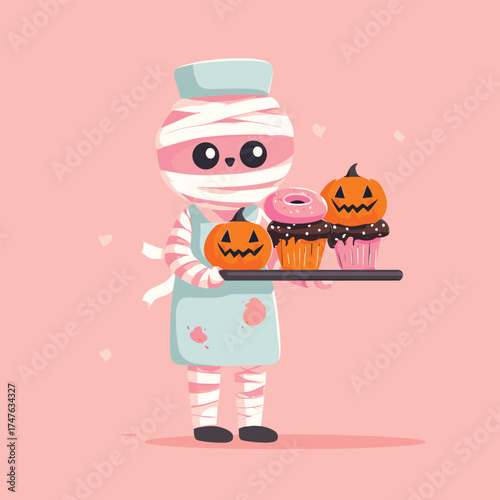 cute mummy baker with tray of Halloween donuts and jack-o-lantern cupcakes, flour smudges and bandages, kawaii flat vector illustration