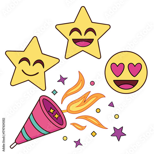 Party Popper With Happy Stars and Emoji On White Keywords: party popper, confetti, celebration