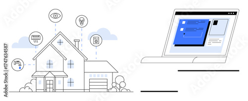 Modern house connected to smart devices for surveillance, lighting, temperature, and appliances, synchronized with laptop for control. Ideal for technology, innovation, connectivity, convenience