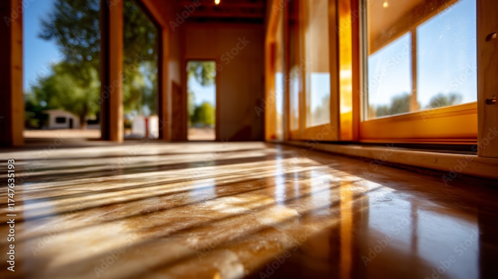 Fototapeta premium Modern Prefab Home Bathed in Morning Light - Clean Design Close-Up with Dreamy Focus and Depth Composition