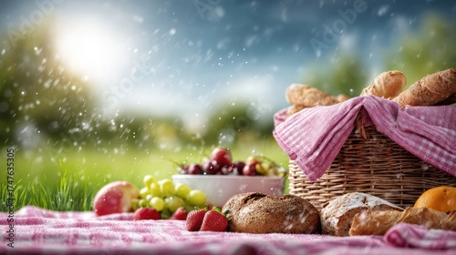 A picnic basket filled with fresh bread and fruit on a checkered tablecloth outdoors under a summer sky.