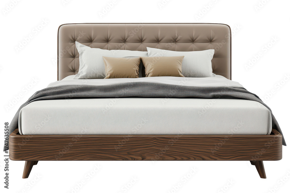 Obraz premium Modern bed design featuring a tufted headboard and natural wood base set against a transparent background, offering a stylish and cozy aesthetic for contemporary bedrooms