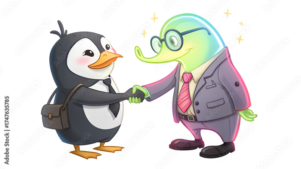 Fototapeta premium Penguin Entrepreneur Shaking Hands with Neon-Colored Alien, Isolated PNG