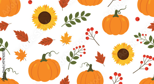 A festive collection of pumpkins sunflowers and autumn leaves celebrating the harvest season.