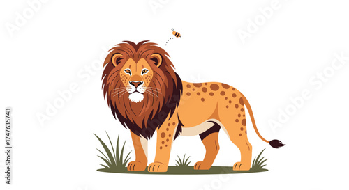 A majestic lion with a flowing mane stands proudly on grassy terrain as a tiny insect hovers nearby.