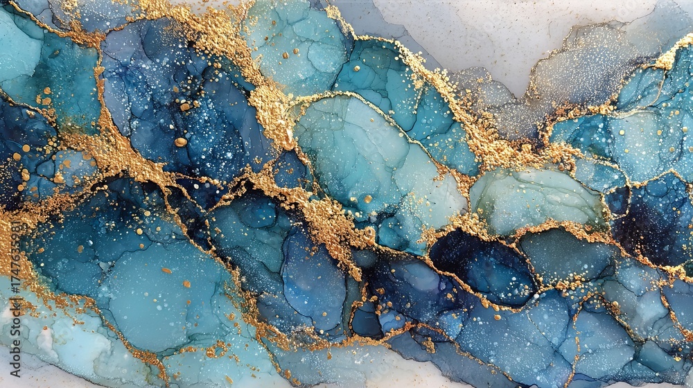 Fototapeta premium Elegant blue and gold abstract painting brings sophisticated luxury to your next design project with dreamy ethereal swirls and shimmering metallic accents