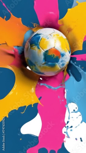 A vivid splash of multicolored paint forms a glossy blue backdrop with a central soccer ball. center