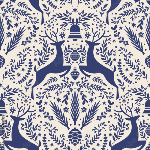 Blue Reindeer Winter Folk Pattern