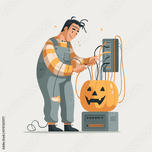 cute network engineer dressed as Frankenstein, plugging cables into a jack-o-lantern-shaped switch vector illustration