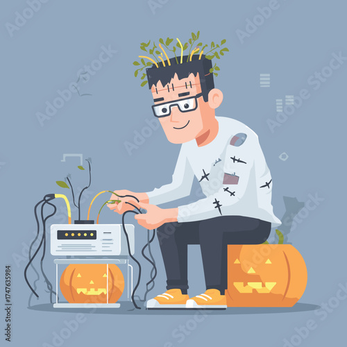 cute network engineer dressed as Frankenstein, plugging cables into a jack-o-lantern-shaped switch vector illustration