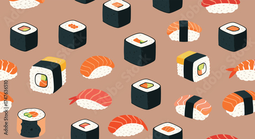 A delightful pattern of various types of delicious sushi rolls and nigiri pieces.