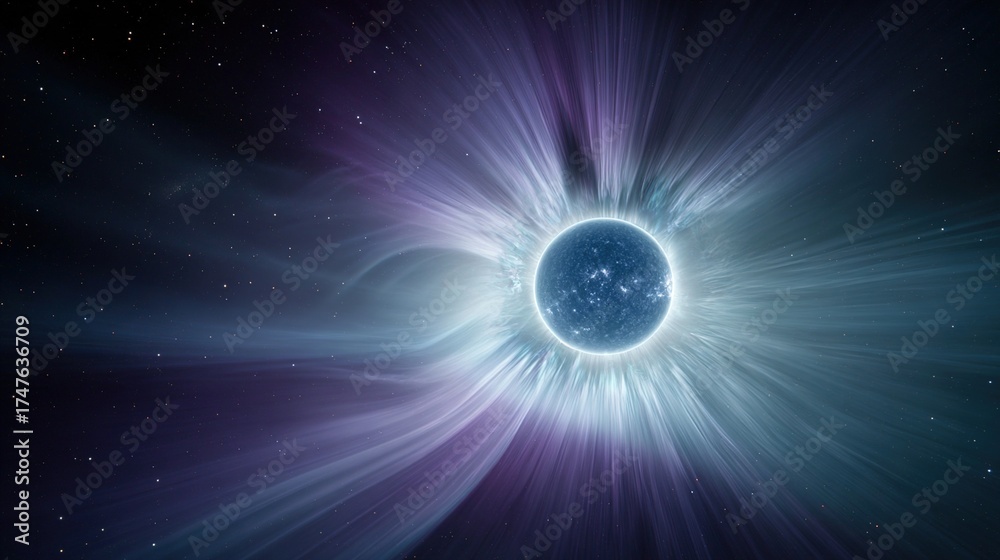 Fototapeta premium A painterly solar corona explosion with rippling aurora energy cascading toward a small blue planet. 