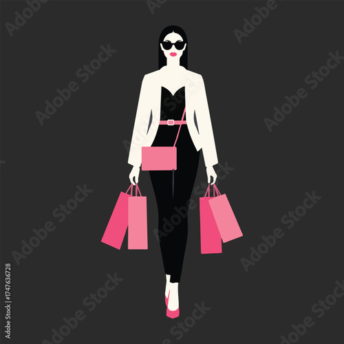 stylish fashionable woman wearing sunglasses holding multiple pink shopping bags flat minimal vector illustration.