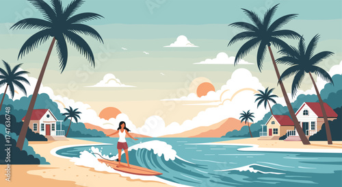 A person surfs a wave near palm trees and houses on a sandy beach.
