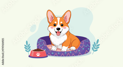 A happy corgi dog sits in its bed next to a bowl of food.