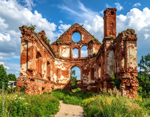 Ruined red-brick building facade against a blue sky and green vegetation