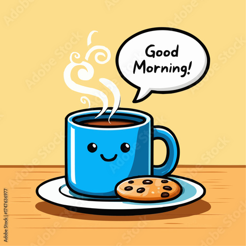 Cute blue coffee mug with a cookie and good morning message