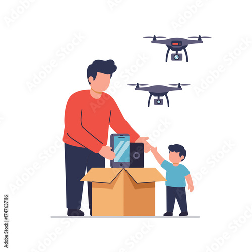 Father and son excitedly unboxing new technology gifts like drones and smartphones from a cardboard box.