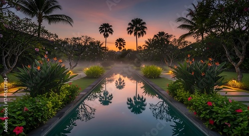 A serene pool reflecting palm trees at sunset in a tropical garden setting