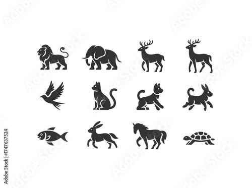 Black and white animals set silhouette in white background.