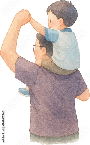 Watercolor Illustration of Father Giving Son Piggyback Ride