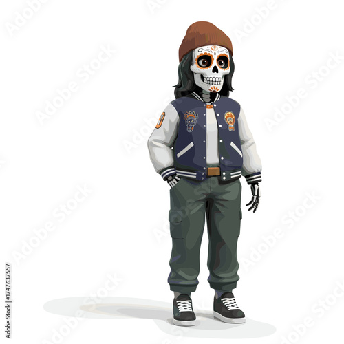 Skeleton character in modern urban fashion with Dia de los Muertos face paint.