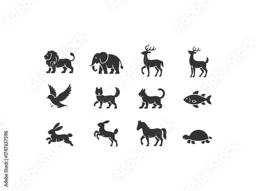 Black and white animals set silhouette in white background.