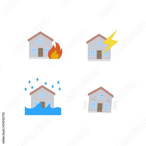 災害による家の被害アイコンセット｜Disaster Damage to House Icon Set