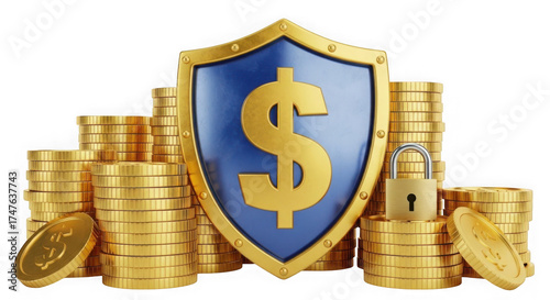 Golden shield and coins isolated on transparent background 
