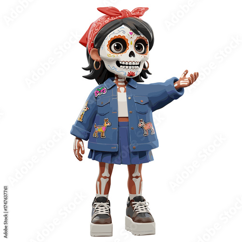 Stylized 3D skeleton girl with Day of the Dead face paint and denim jacket.