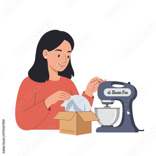 Woman unpacking a new kitchen stand mixer from a cardboard box.
