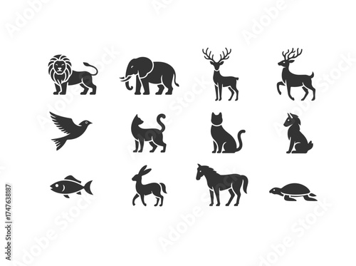Black and white animals set silhouette in white background.