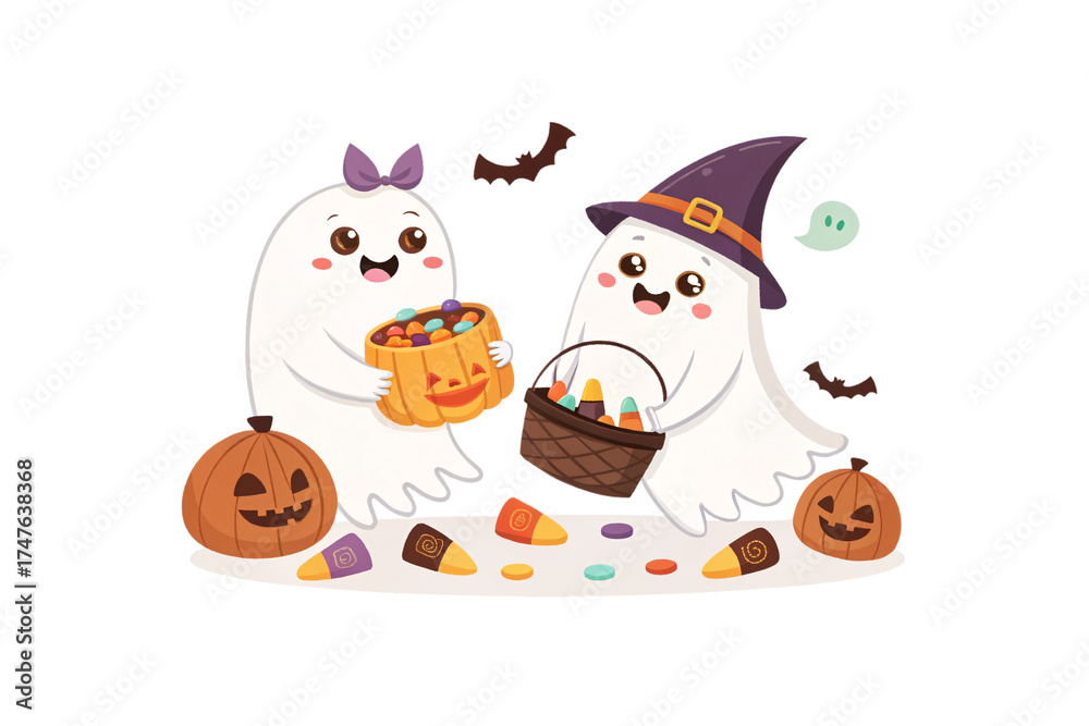 Fototapeta premium Adorable white ghosts with purple witch hat collecting Halloween candy in pumpkin baskets and buckets, isolated on a transparent background
