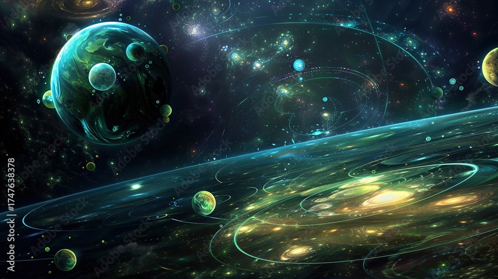 Fototapeta premium Celestial bodies linked by harmonic resonance lines, dancing in space with a fading phantom planet. 